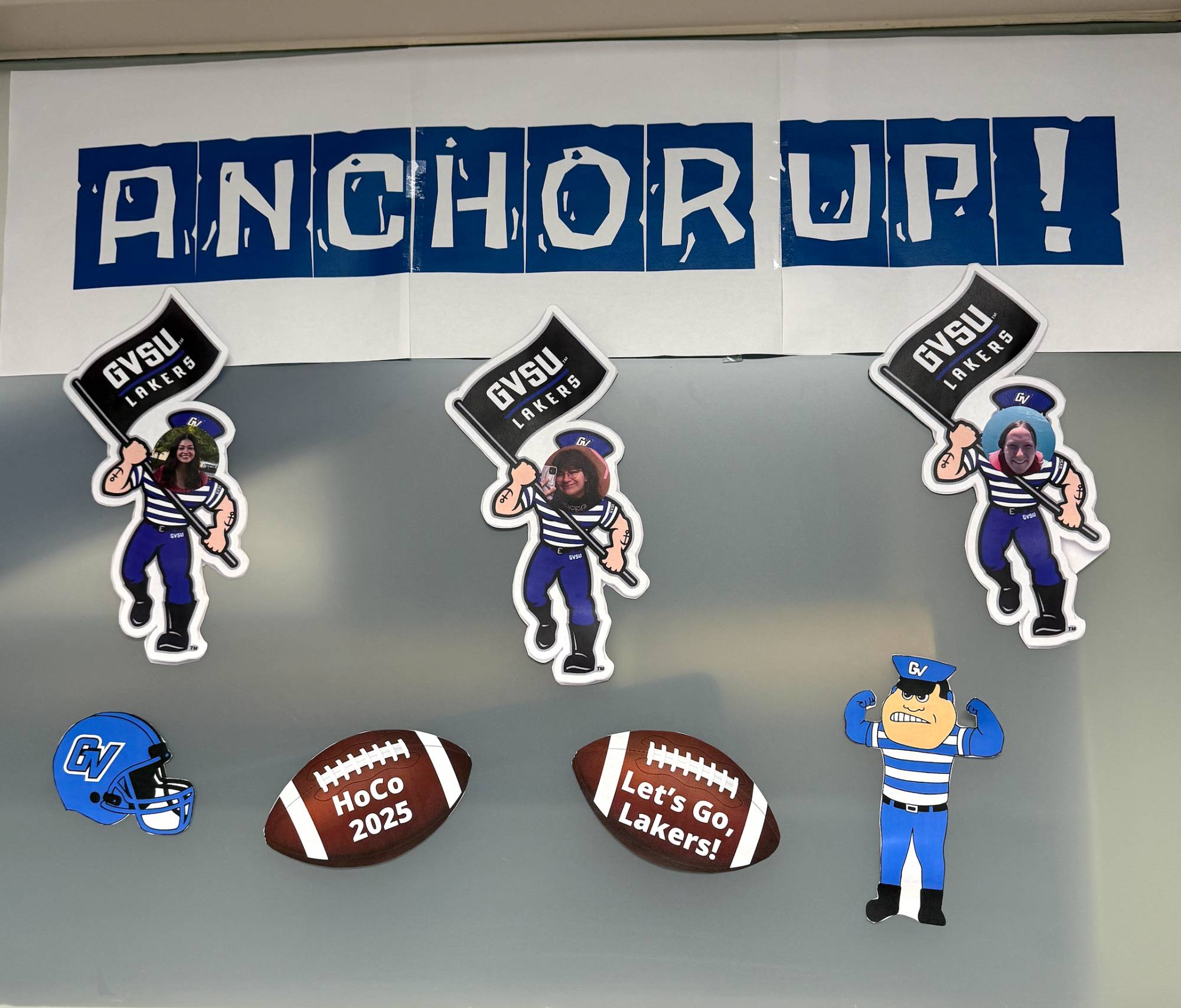 Dean of Students Office "Anchor Up Lakers" sign with mini Louie cutouts